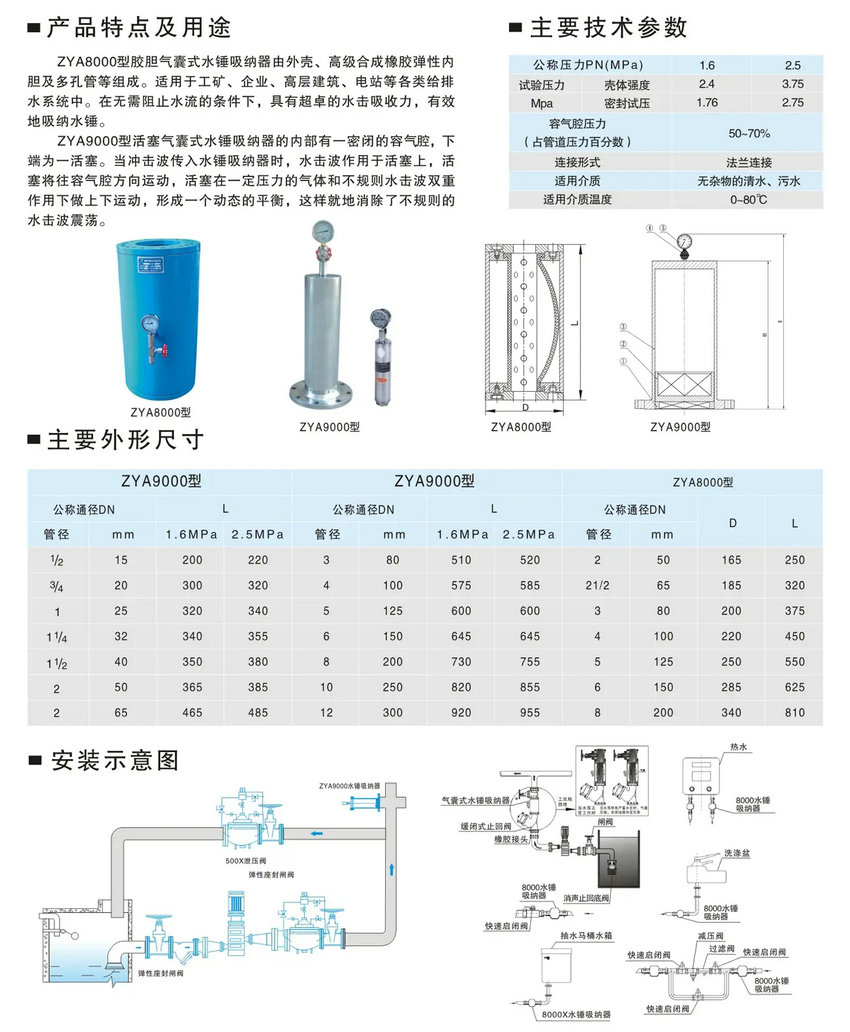 8000X型膽膠式水錘吸納器技術(shù)參數(shù)尺寸圖 8000X型膽膠式水錘吸納器技術(shù)參數(shù)尺寸圖